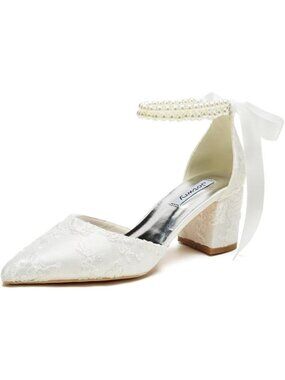 Women's Ivory Lace Bride Block Heel Pointed Toe Imported Wedding Shoes